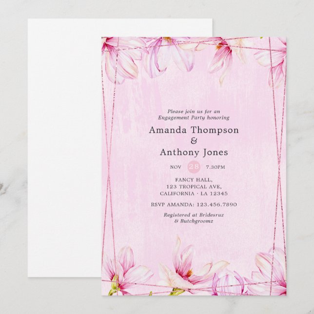 Rose Gold & Pink Floral Geometric Engagement Party Invitation (Front/Back)