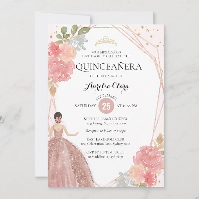 Rose Gold Pink Floral Geometric Photo Quinceañera Invitation (Front)