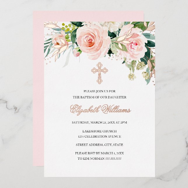 Rose Gold Pink Floral Girl Baptism Foil Invitation (Front/Back)