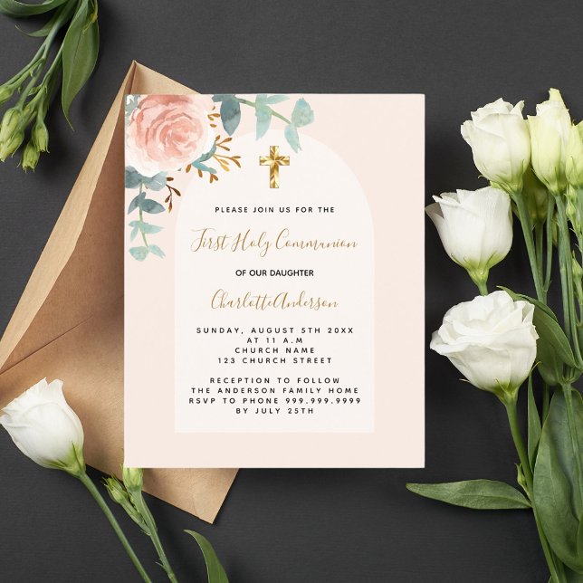 Rose gold pink floral girl cross budget Baptism (Creator Uploaded)
