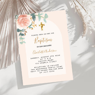Rose gold pink floral girl cross luxury Baptism Invitation