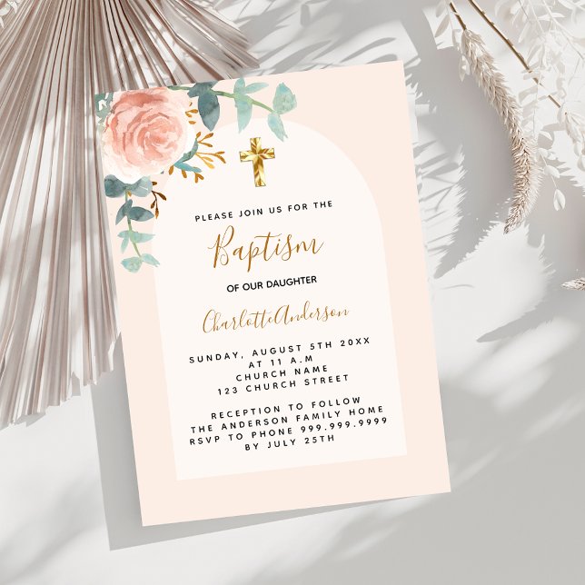 Rose gold pink floral girl cross luxury Baptism Invitation (Creator Uploaded)