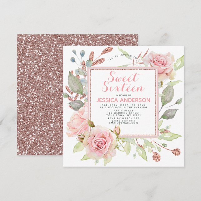 Rose Gold Pink Floral Glitter Sweet Sixteen Invitation (Front/Back)