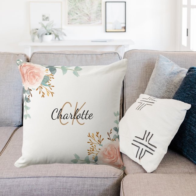Rose gold pink floral greenery monogram name cushion (Creator Uploaded)