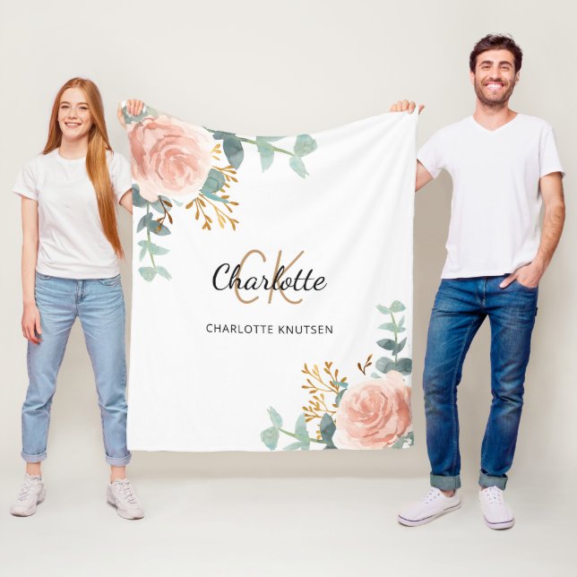 Rose gold pink floral greenery monogram name fleece blanket (In Situ)