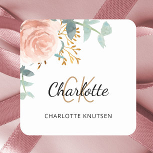 Rose gold pink floral greenery name monogram square sticker