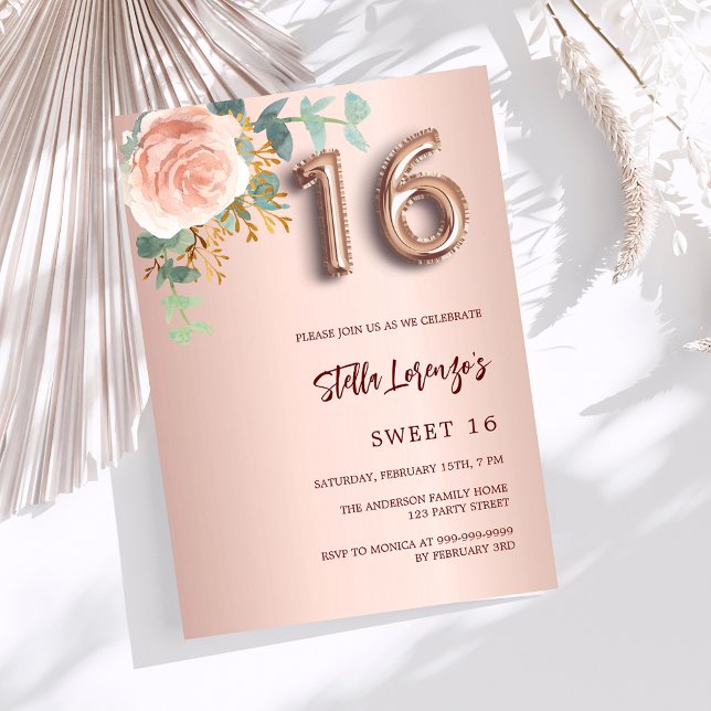 Rose gold pink floral greenery Sweet 16 Invitation (Creator Uploaded)