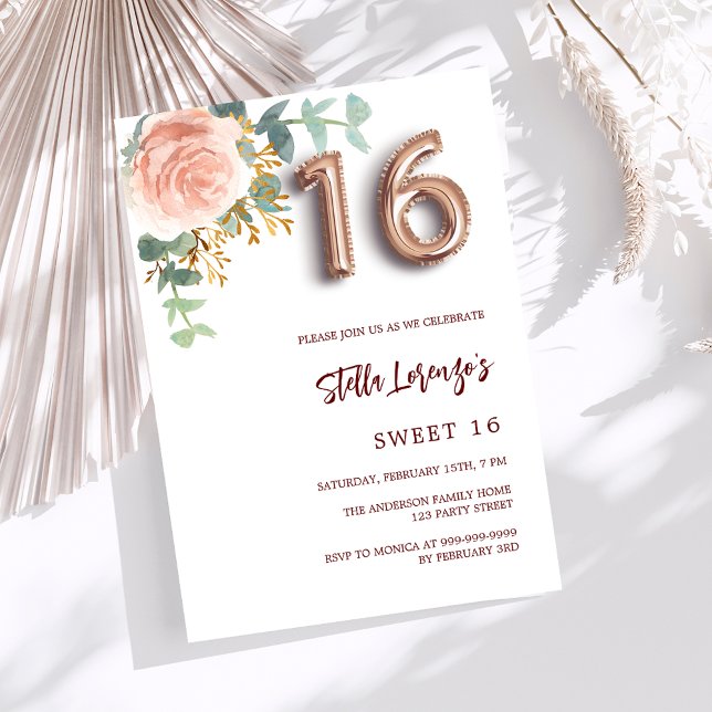 Rose gold pink floral greenery Sweet 16 Invitation (Creator Uploaded)