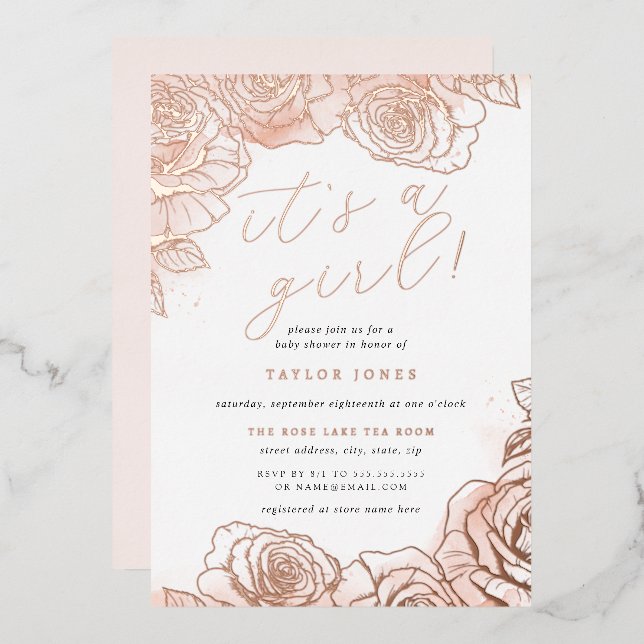 Rose Gold Pink Floral It's a Girl Baby Shower  (Front/Back)
