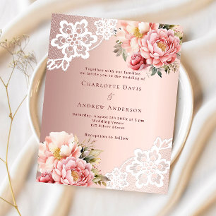 Rose gold pink floral lace wedding invitation