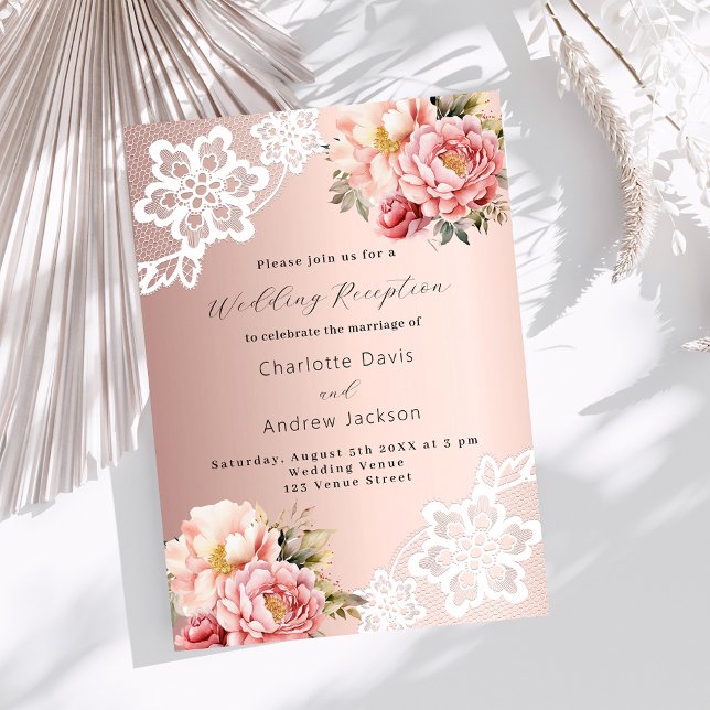 Rose gold pink floral lace wedding reception invitation (Creator Uploaded)