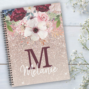 Rose Gold Pink Floral Monogram Glitter Notebook
