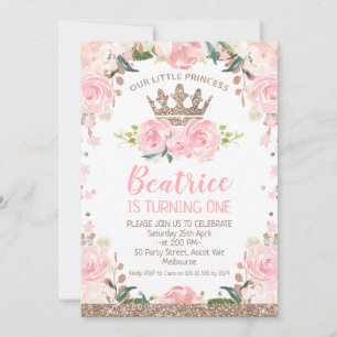 Rose Gold Pink Floral Princess Crown 1st Birthday Invitation