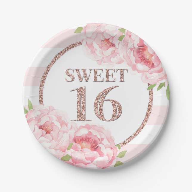 Rose Gold Pink Floral Sweet 16 Birthday Party Paper Plate (Front)