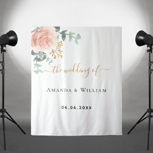 Rose gold pink floral wedding welcome tapestry