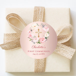 Rose gold pink floral wreath First Communion Classic Round Sticker