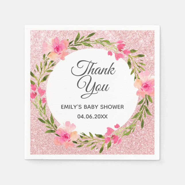 Rose Gold Pink Floral Wreath Thank You Baby Shower Napkin (Front)