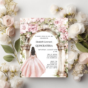 Rose gold pink florals arch Quinceanera invitation