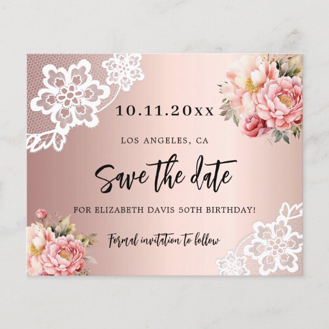 Rose gold pink florals birthday Save the Date Flyer (Front)