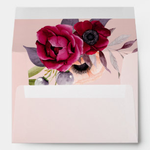 Rose gold pink florals burgundy wedding envelope
