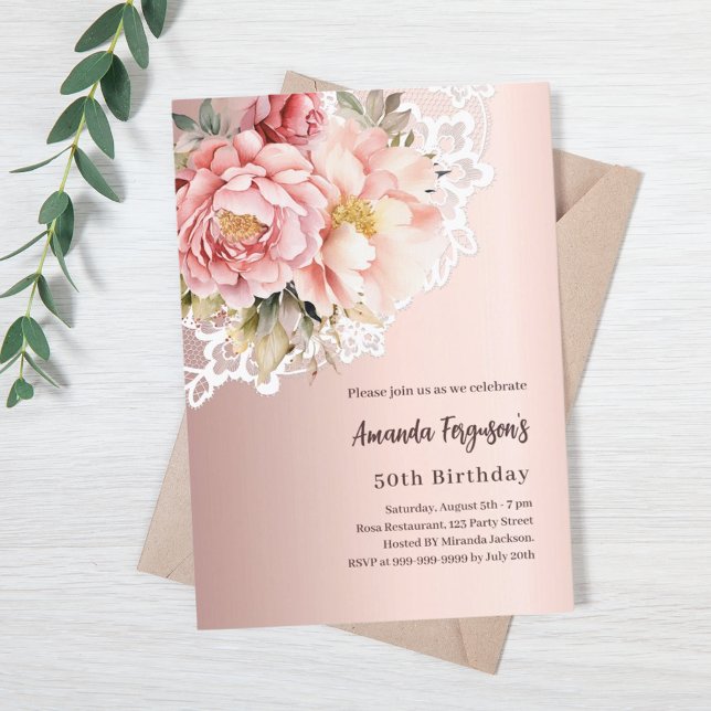 Rose gold pink florals lace 50th birthday invitation (Creator Uploaded)