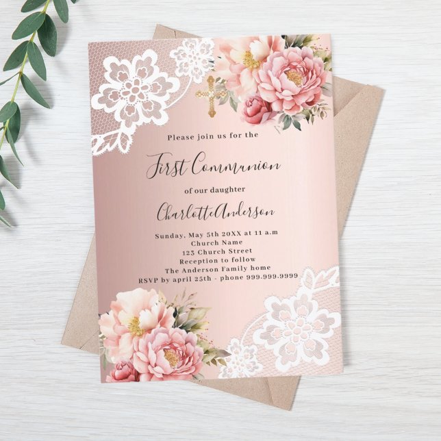 Rose gold pink florals lace girl First Communion Invitation (Creator Uploaded)