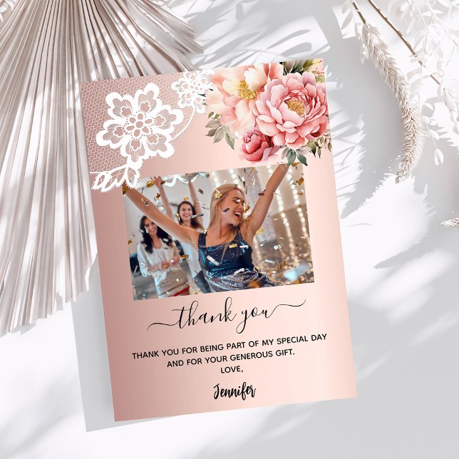 Rose gold pink florals lace photo thank you card (Creator Uploaded)