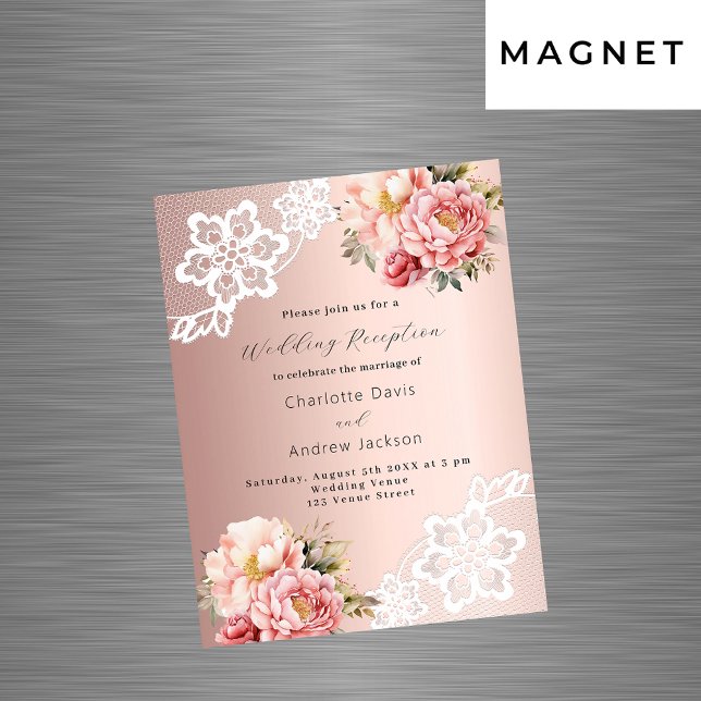 Rose gold pink florals lace wedding reception magnetic invitation (Creator Uploaded)