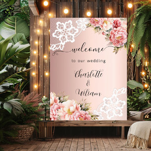 Rose gold pink florals lace wedding welcome poster