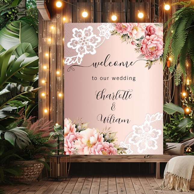 Rose gold pink florals lace wedding welcome poster (Creator Uploaded)