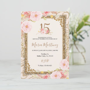 Rose Gold Pink Flowers 15th Birthday Invitation