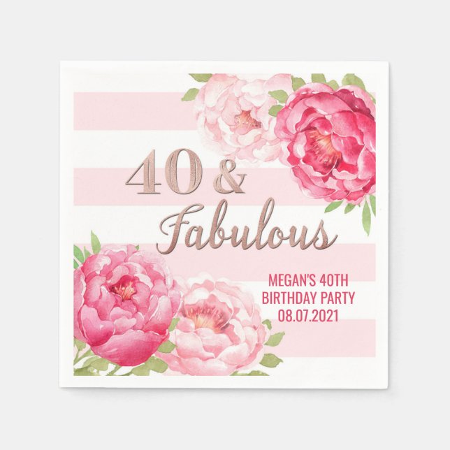 Rose Gold Pink Flowers 40 & Fabulous Birthday Napkin (Front)