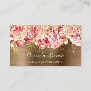 Rose Gold Pink Flowers Brown  Drip QR CODE Logo  Business Card