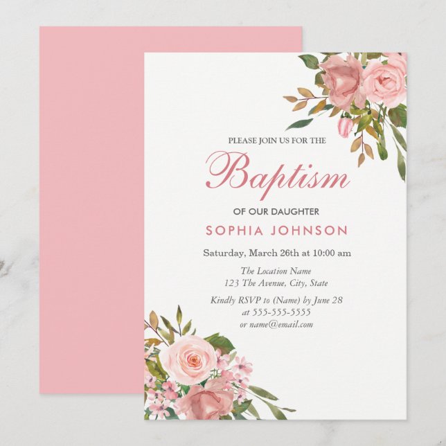 Rose Gold & Pink Flowers Girls Baptism Invite (Front/Back)
