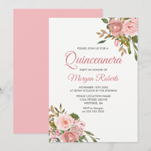 Rose Gold & Pink Flowers Quinceanera Party Invite (Front/Back)
