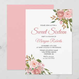 Rose Gold & Pink Flowers Sweet 16 Party Invite