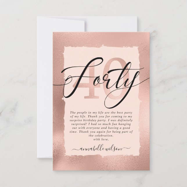 Rose Gold & Pink Foil 40th Birthday   Thank You Card (Front)