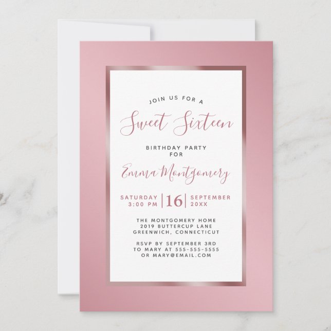 Rose Gold Pink Foil Frame Sweet 16 Birthday Party Invitation (Front)