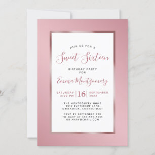 Rose Gold Pink Foil Frame Sweet 16 Birthday Party Invitation