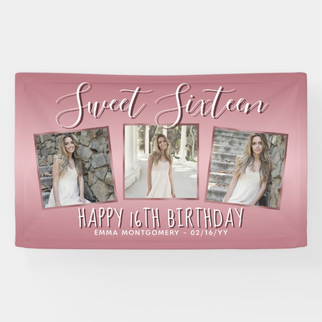 Rose Gold Pink Foil Photo Collage 16th Birthday Banner (Horizontal)