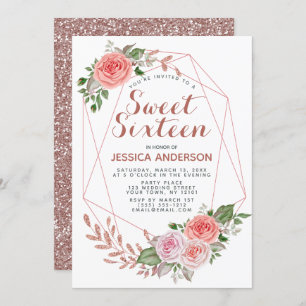 Rose Gold Pink Geometric Glitter Sweet Sixteen Invitation