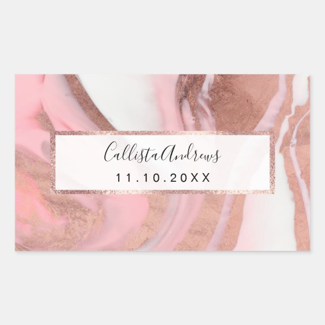 Rose Gold Pink Girly Modern Painted Marble Rectangular Sticker (Front)