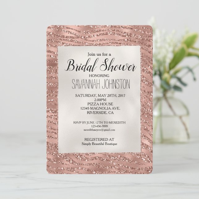 Rose Gold Pink Glam Glitter Zebra Bridal   Invitation (Standing Front)