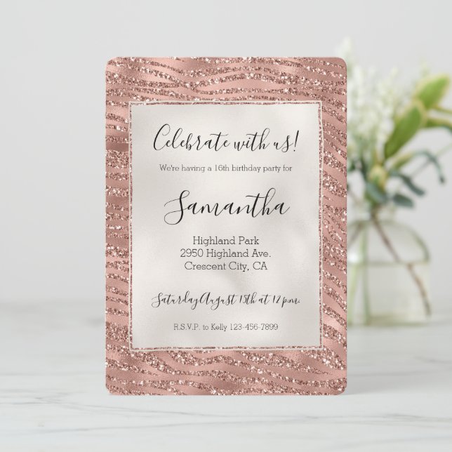 Rose Gold Pink Glam Glitter Zebra Print Invitation (Standing Front)