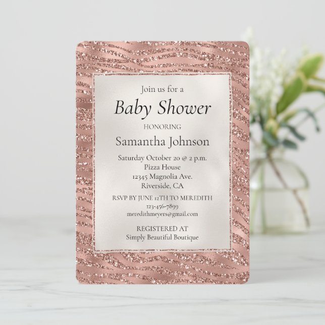 Rose Gold Pink Glam Glitter Zebra Print Invitation (Standing Front)