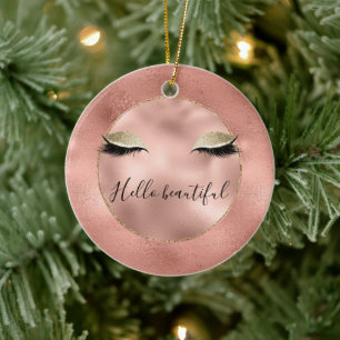 Rose Gold Pink Glam Glitzy Black Eyelashes Ceramic Tree Decoration