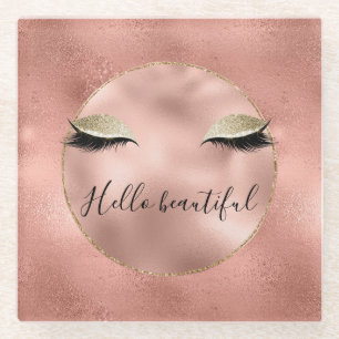 Rose Gold Pink Glam Glitzy Black Eyelashes Glass Coaster