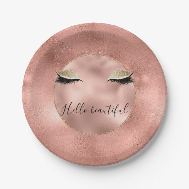 Rose Gold Pink Glam Glitzy Black Eyelashes Paper Plate (Front)