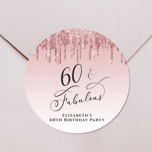Rose Gold Pink Glitter 60th Birthday Party Classic Round Sticker (Creator Uploaded)