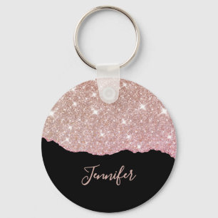 Rose Gold Pink Glitter Agate Custom Name Monogram Key Ring